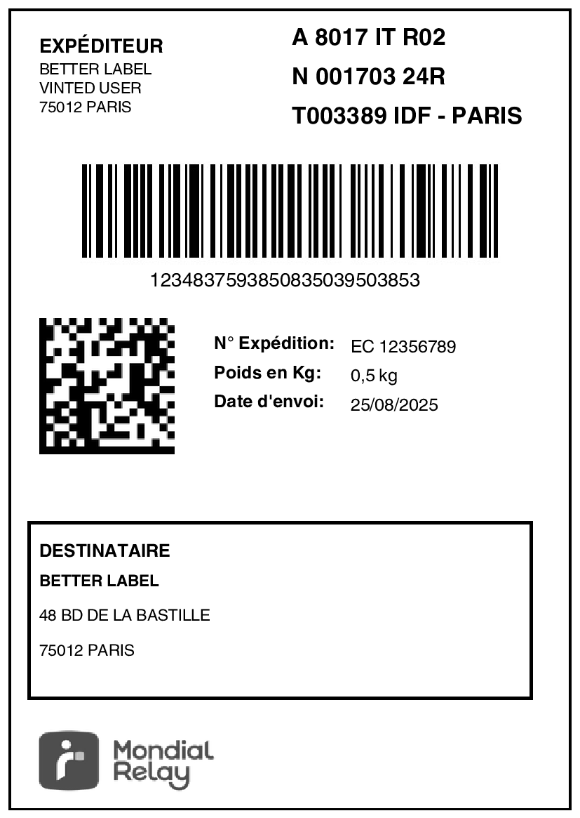 Exemple d'étiquette Mondial Relay A4 convertie au format A6