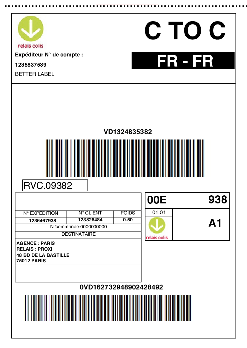 Exemple d'étiquette Relais Colis A4 convertie au format A6