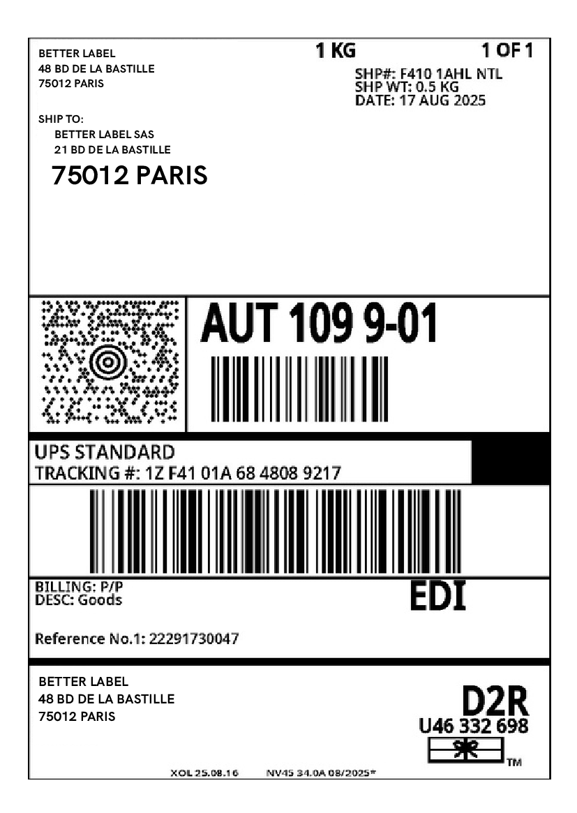 Exemple d'étiquette UPS A4 convertie au format A6